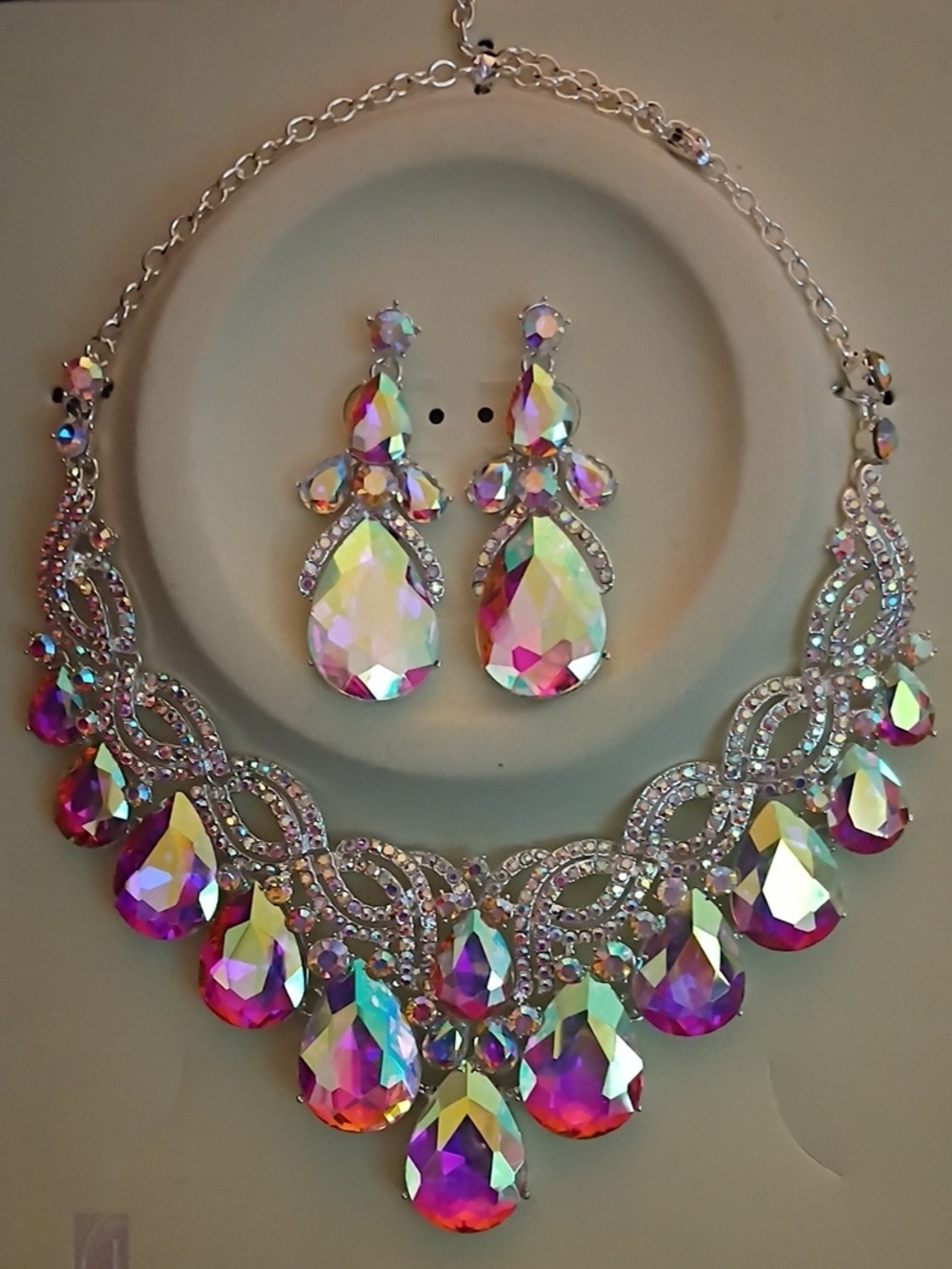 Iridescent Teardrop Crystal Necklace and Earring Set - Multicolor